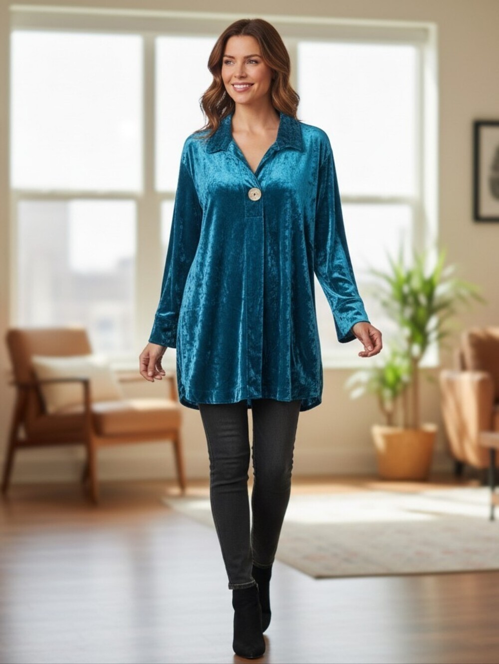 John Mark Crushed Velvet Button-Front Tunic Top in Teal Large